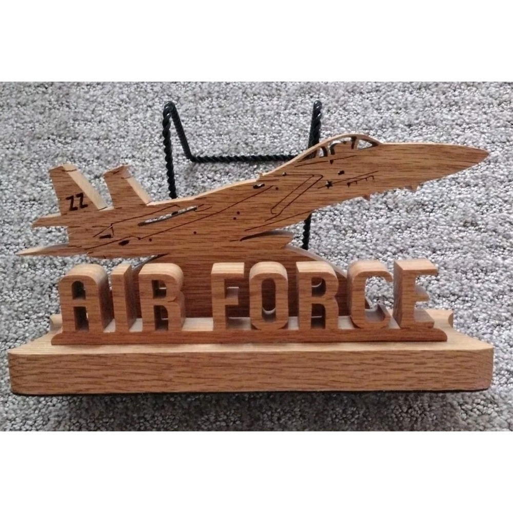 Wood Carved Laser Cut Air Force Jet  Shelf Sitter Desk Plaque Military USA